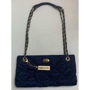 DKNYC Sapphire Blue Quilted Clutch Purse Metal Chain Straps Evening Bag